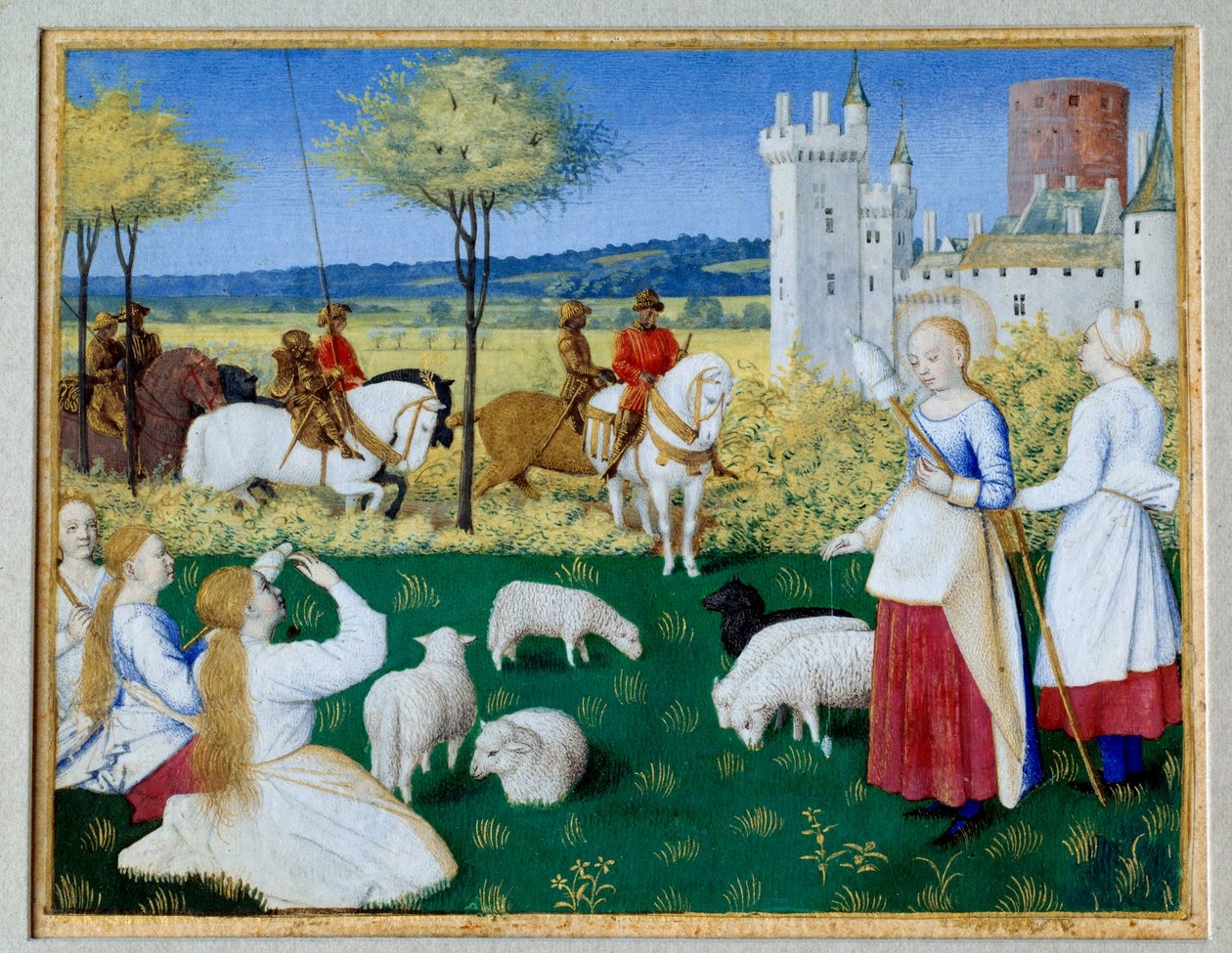 アンティオキアの聖マルガリータ（3世紀）と羊を飼うマルガリータことオリブリウス ヴォラジーヌのジェームズ（ヤコブス）（1228-1298）のレゲンデ・ドレのエピソード。県知事のオリブリウスは、羊飼いのマルガリータに突然恋をしますが、マルガリータは羊の世話をしていました。 作： ジャン・フーケ