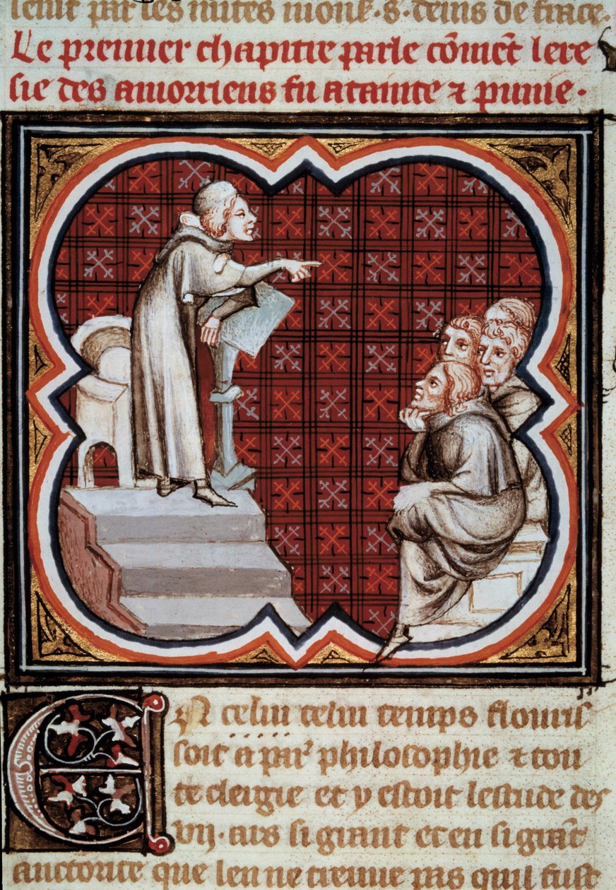 Der französische Philosoph und Theologe Amaury de Chartres (oder Amaury de Bene oder Amalricus de Bene) vor seinen Schülern (den Amauricianern). Miniatur aus Les Grandes Chroniques de France, illuminiert von Jean Fouquet von Jean Fouquet