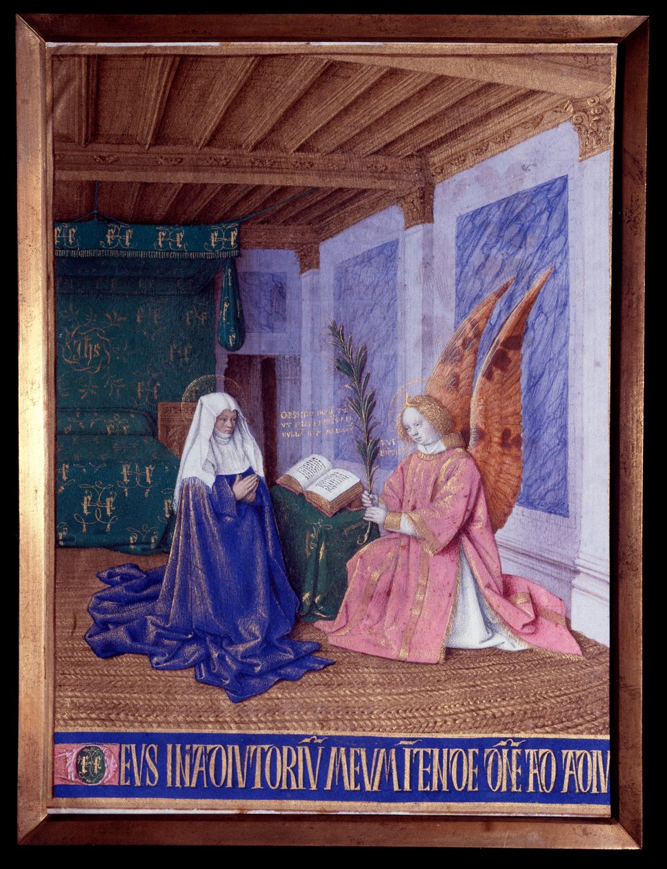 聖母の時間」。ジャン・フーケ（1420-1481）の『エティエンヌ・シュヴァリエの時間』に収録された第二受胎告知の細密画 作： ジャン・フーケ