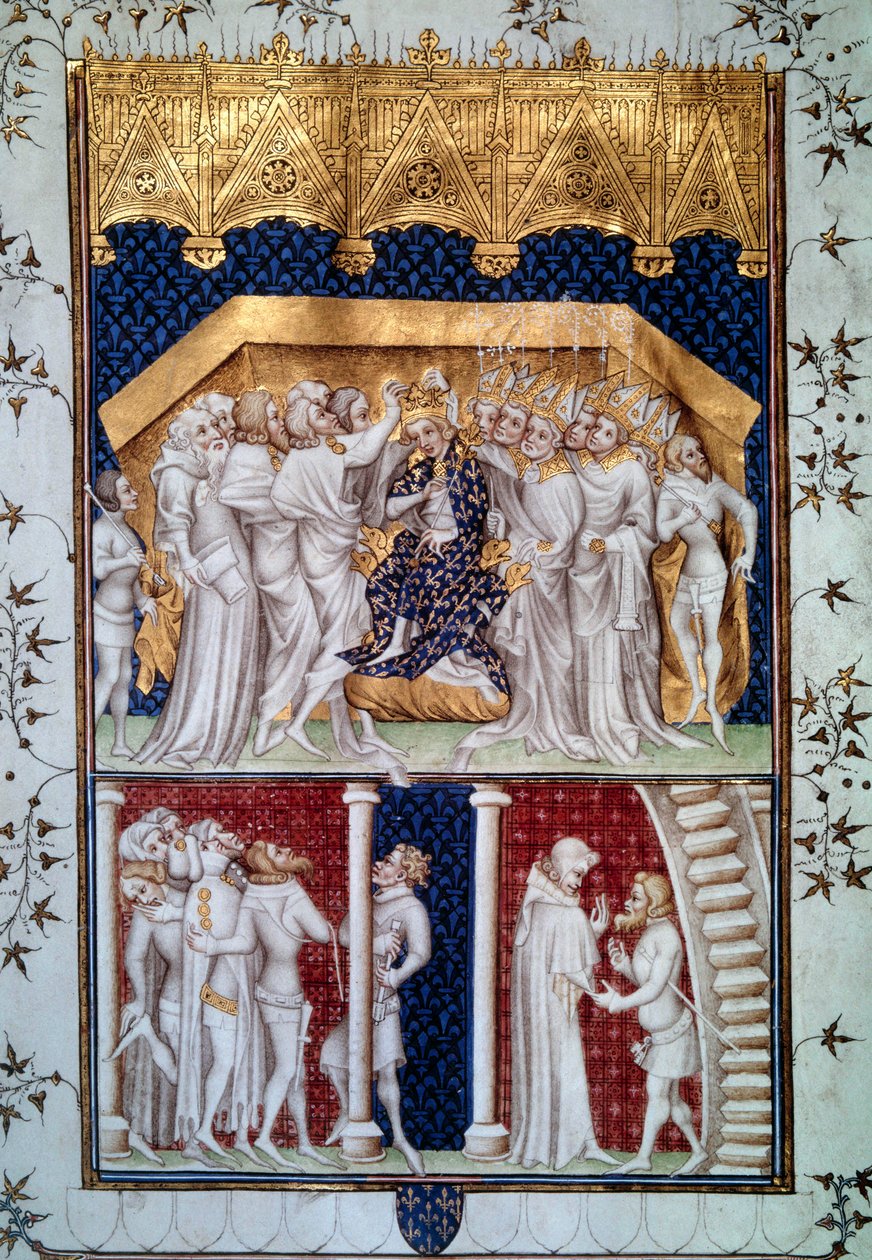 1380年9月16日、フランスの貴族たちによるシャルル6世（1368-1422）の戴冠式。ジャン・フーケ（1420-1481）作「フランス大年代記」のミニチュア 15世紀 パリ、B.N. 作： ジャン・フーケ
