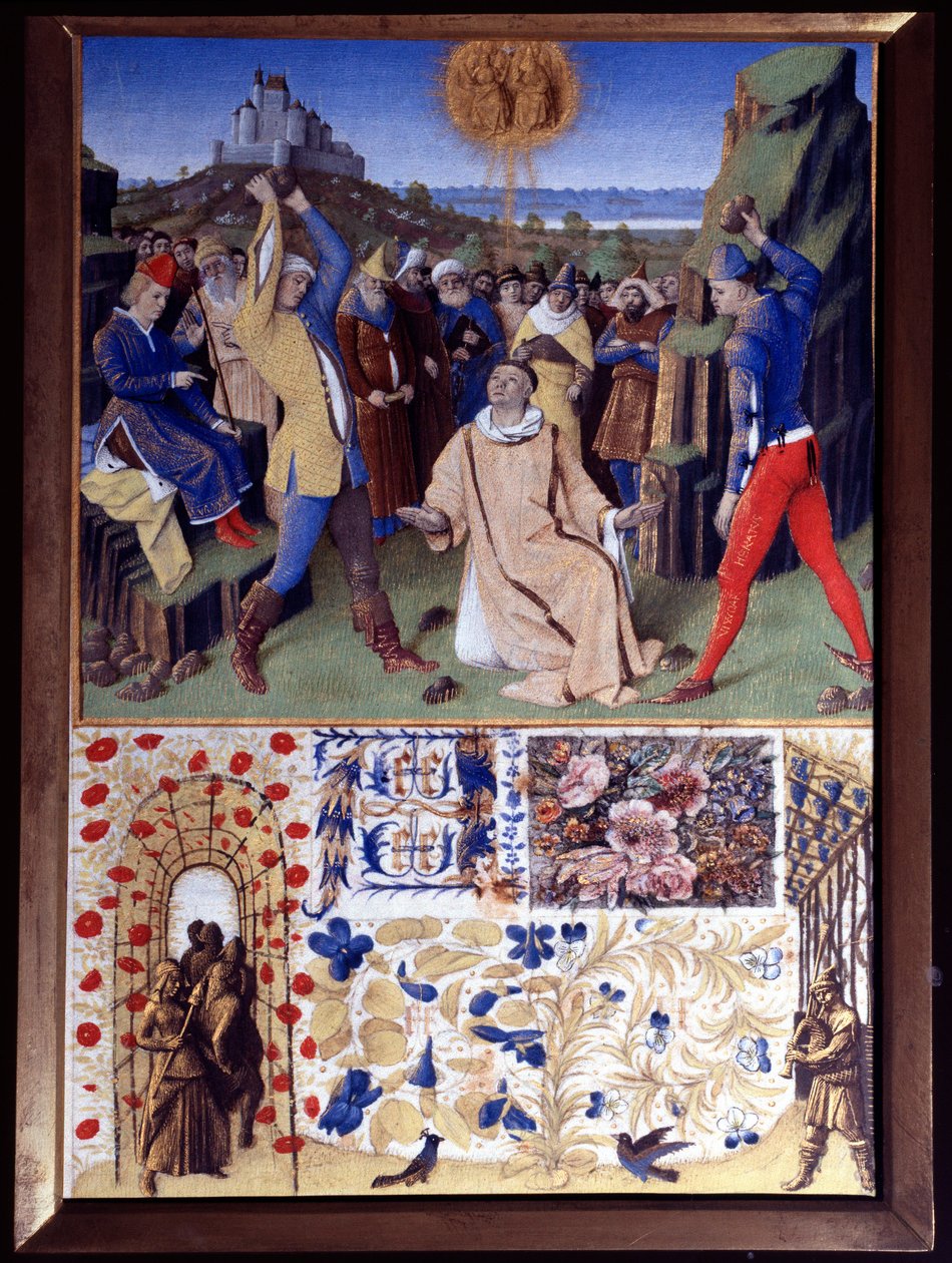 石打ちによる聖ステファノの殉教 ミニチュア ジャン・フーケ（1420-1477/1481）の「エティエンヌ・シュヴァリエの時祷書」からの引用 作： ジャン・フーケ