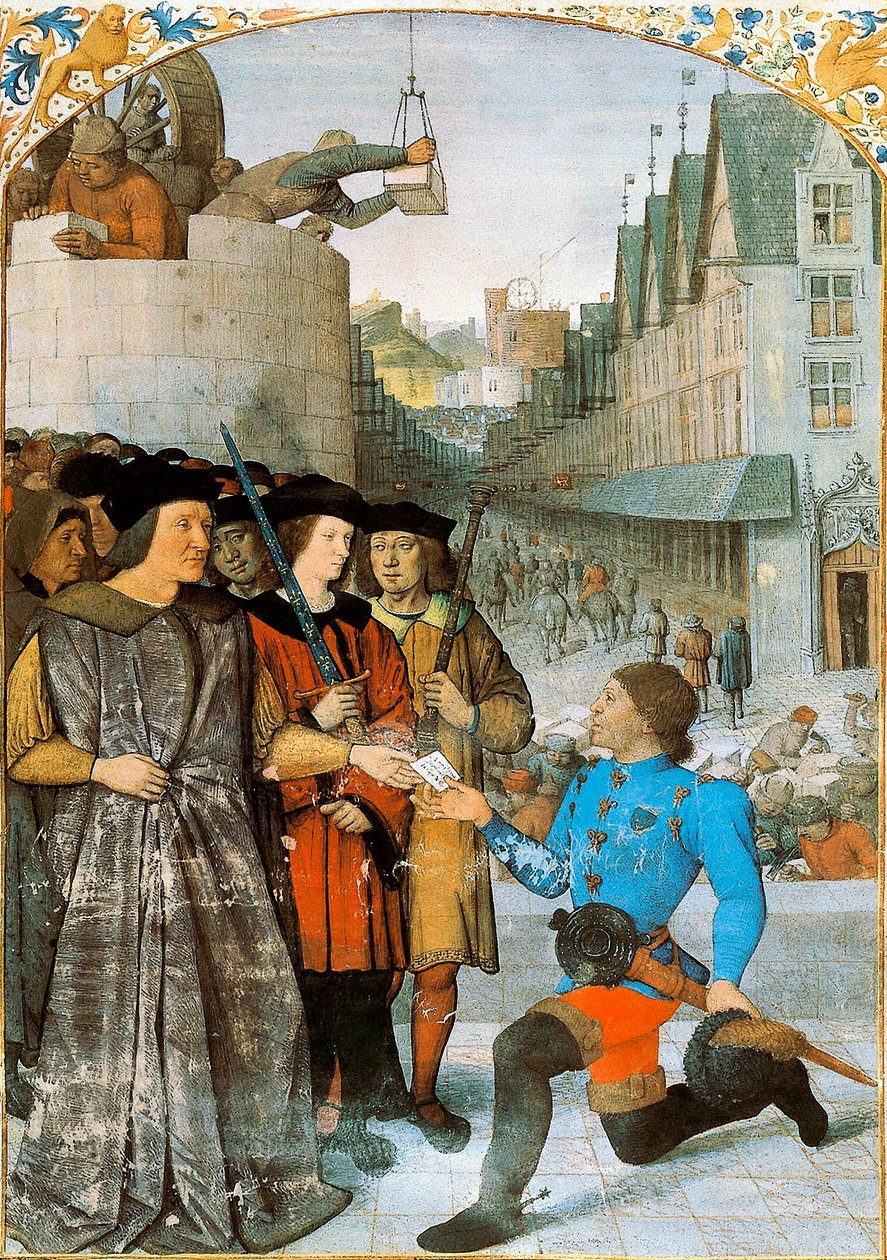 王室からの使者を受け取るロシュシュアルト子爵。ジャン・フーケ（1420-1481）によるミニチュア、「フランス大年代記」より1455-1460 作： ジャン・フーケ