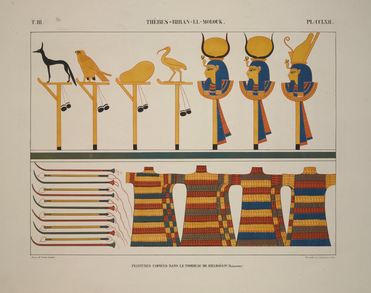 武器と標識、Thebes、Biban-el-Molouk、「MonumentsdeL」Egyptet de la Nubie、1845年のイラスト 作： ジャン・フランソワ・シャンポリオン