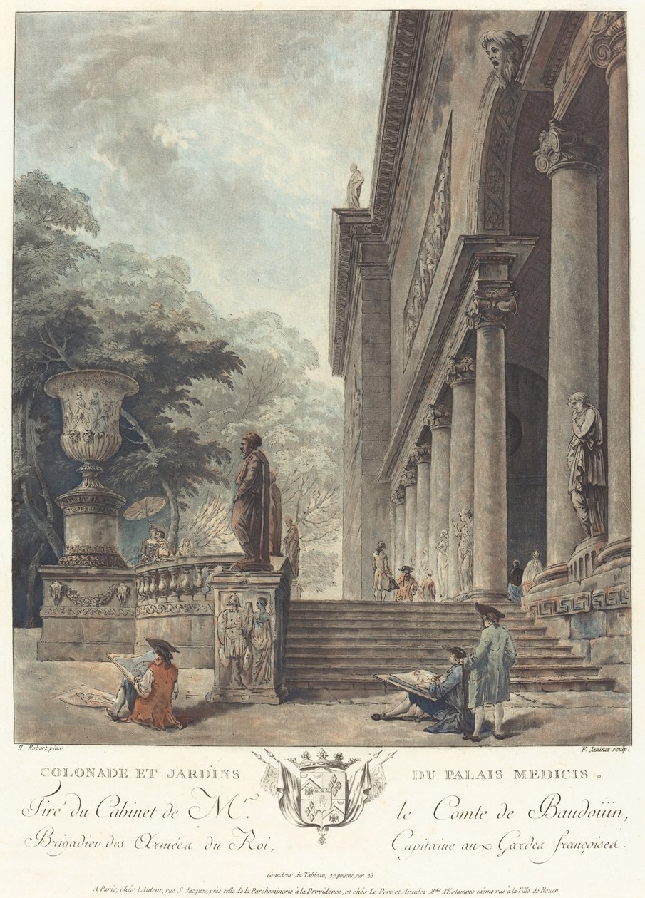 メディチ家宮殿の列柱と庭園、c. 1776年 作： ジャン・フランソワ・ジャニネット
