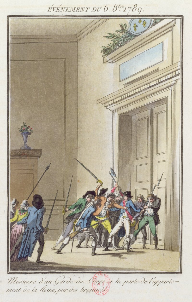 1789年10月6日、ベルサイユ宮殿の女王のアパートへの入り口で警備員を攻撃して殺したパリジャンの暴徒 作： ジャン・フランソワ・ジャニネット