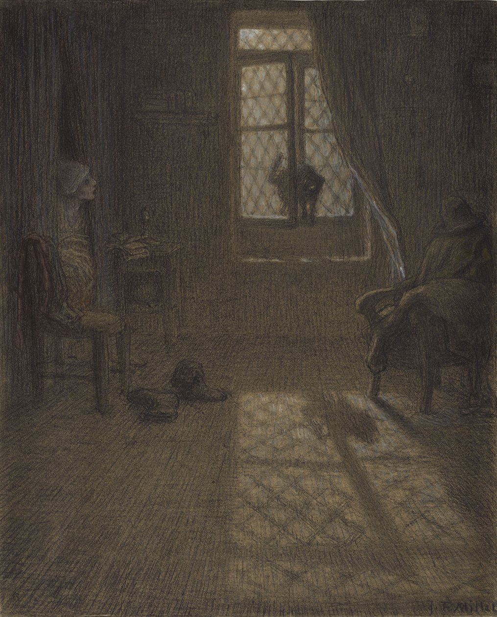 Le chatまたはThe Cat at the Window、1857-58（コンテクレヨンとパステル、切り株とブレンディング付き、織り紙に固定） 作： ジャン・フランソワ・ミレー