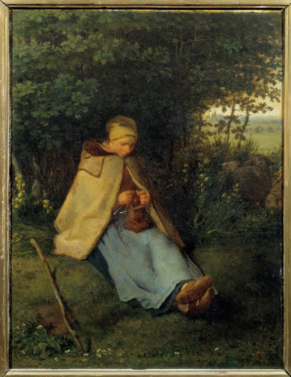 編み物をする人 ジャン・フランソワ・ミレー（1814-1875）の絵画 1858年 日0.39x0.29 m パリ、オルセー美術館 作： ジャン・フランソワ・ミレー