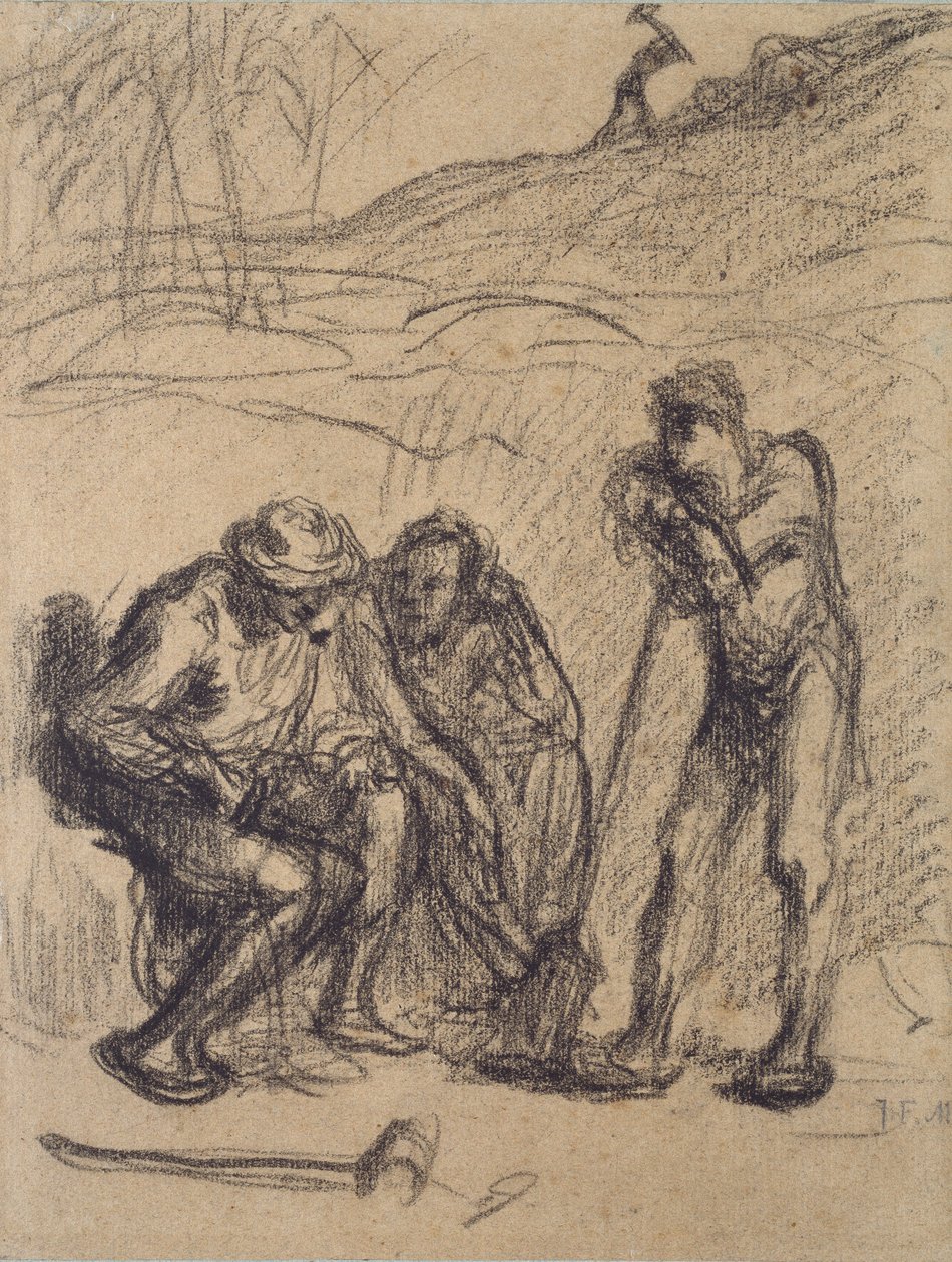 休息する3人の農民（1人は鋤に寄りかかっている）1850年～1851年頃 作： ジャン・フランソワ・ミレー