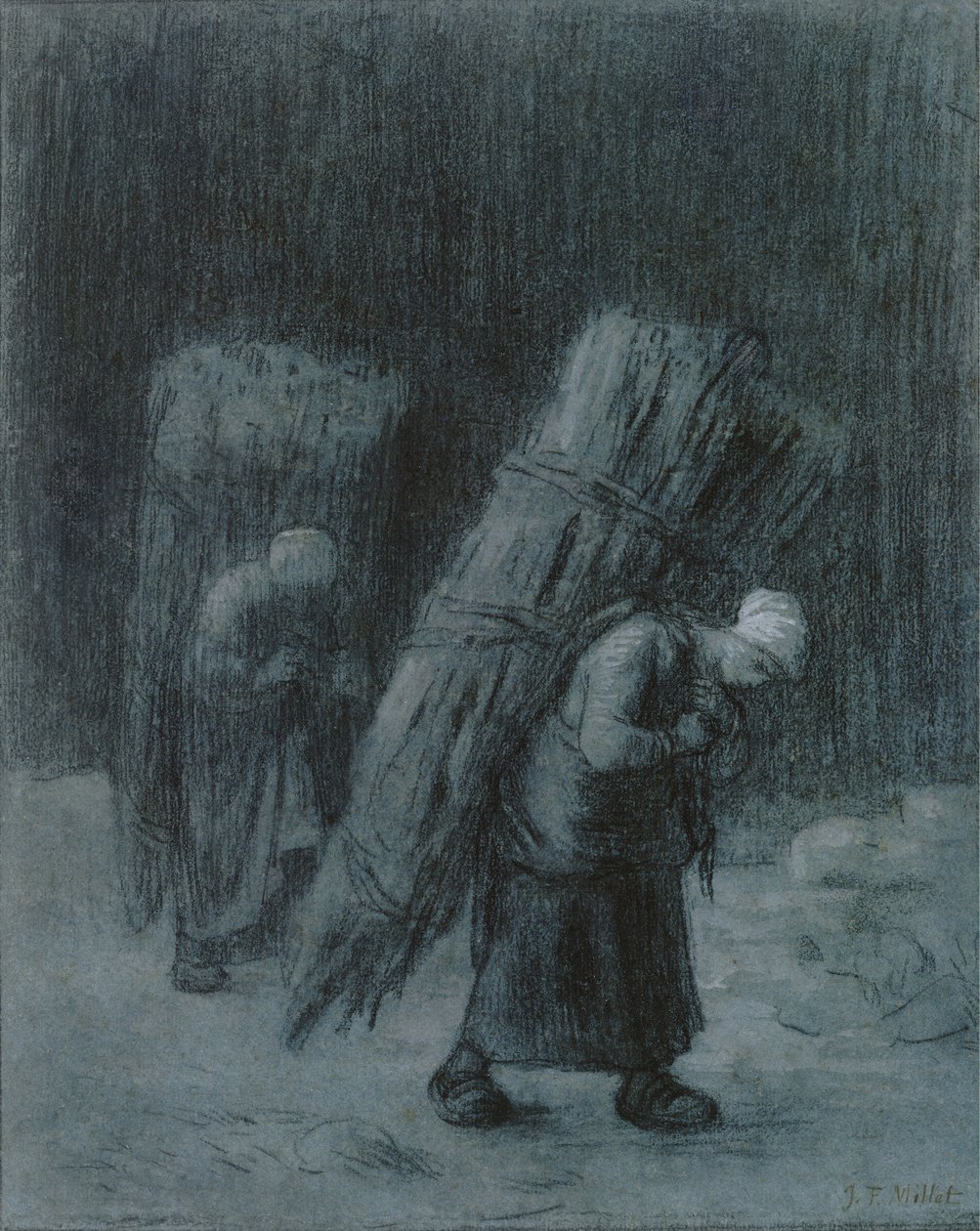 Women Carrying Twigs, c.1858 (charcoal heightened with white gouache, charcoal border, on heavy laid gray-blue paper)   646887   ja       japanese Successfully Translated  Original: Memorial to Thomas Weldish from Bedfont Church Translat: Memorial to Thoma 作： ジャン・フランソワ・ミレー
