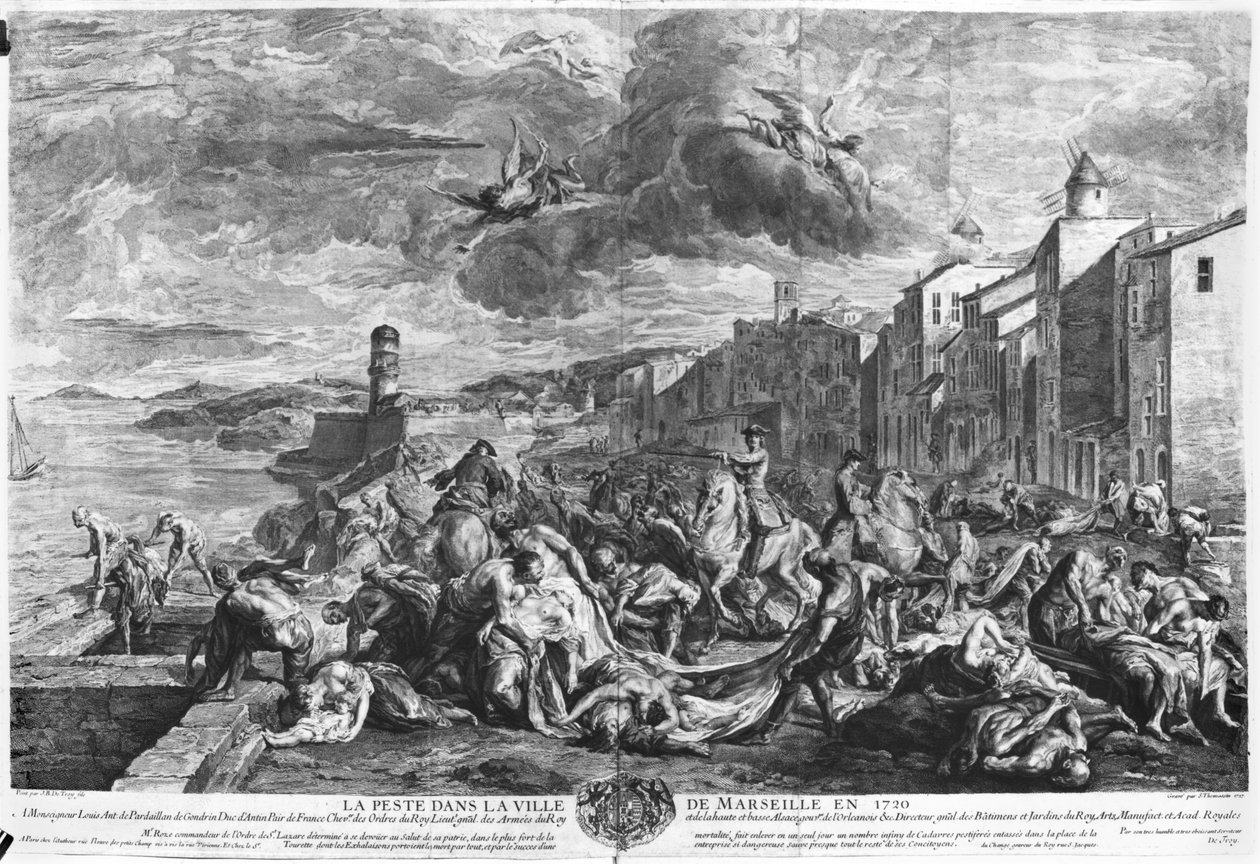 シモン・トマシン（1655-1733）が彫った1720年のマルセイユのペスト（1727年）（エングレービング）（白黒写真 作： ジャン・フランソワ・ド（後）トロイ