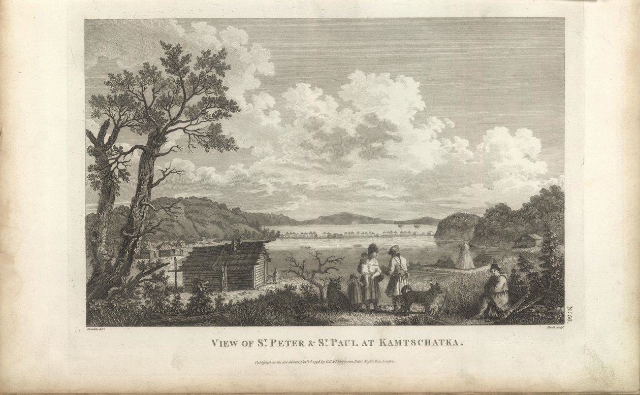 ペトロパブロフスク港の眺め、1780 年代。 作： Jean Francois de Galaup La Perouse comte de