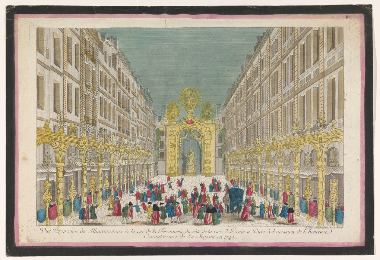 1745 年にフランス王ルイ 15 世が修復された際のパリのフェロンネリ通りの装飾の眺め パリのサン ドニ通りのコート (...) (タイトルは o のタイトル) 作： ジャン・フランソワ・ドーモン