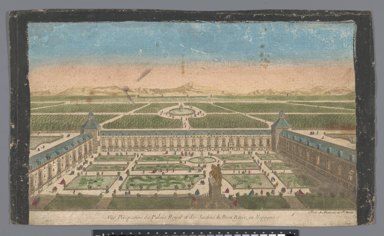 庭園とマドリッドのパラシオ デル ブエン レティーロの眺め Vüe perspective du Palais Royal et des Jardins du Buen Retiro, en Espagne (オブジェクトのタイトル) 作： ジャン・フランソワ・ドーモン