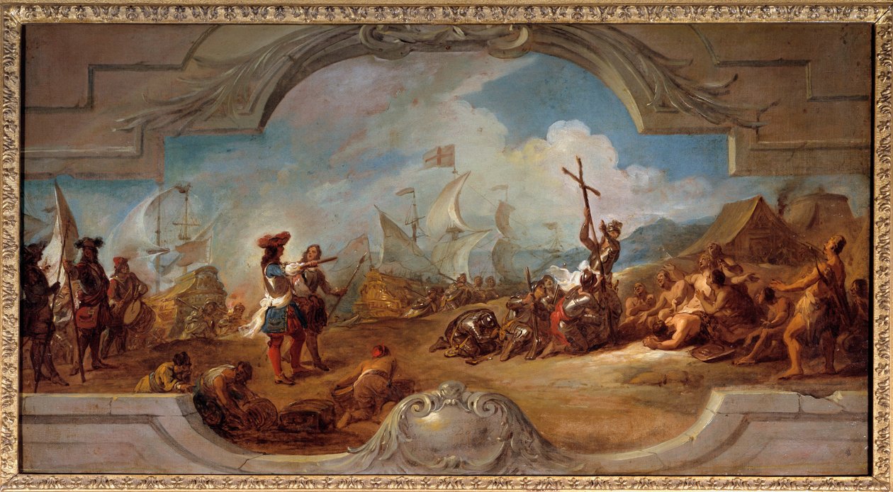 アメリカのクリストファー・コロンブス（天井の絵画プロジェクト）。1492.ジャン・フランソワ・ドゥ・トロイ（1679-1752）の絵画 作： ジャン・フランソワ・ド・トロイ