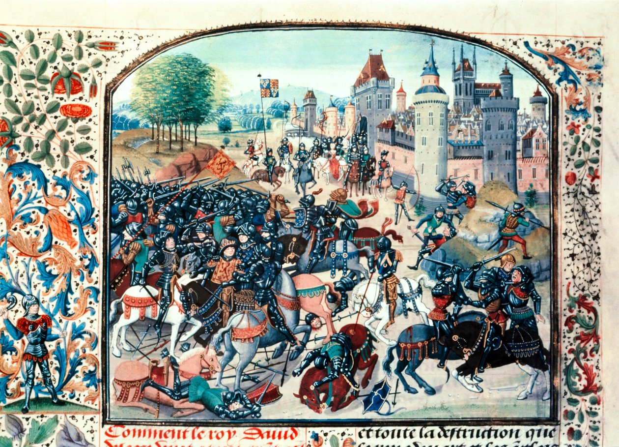 1346年、スコットランド王デイヴィッド2世率いるイングランド軍とスコットランド軍によるネヴィルズクロスの戦い。 作： ジャン・フロワサール