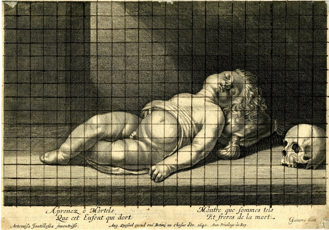Jean Ganière - クッションに頭を乗せて眠る子供、右側に頭蓋骨。1640 作： ジャン・ガニエール