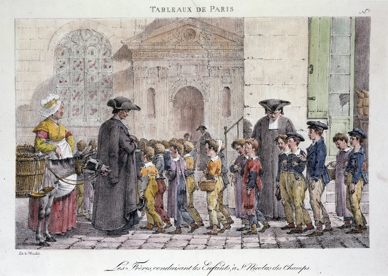 Altes Straßenhandwerk in Paris: die Brüder bringen die Kinder zu Saint Nicolas des Champs (Saint-Nicolas-des-Champs), katholische Schule - Gravur von Jean Henry Marlet (1771-1847) in „Les Tableaux de Paris“, Serie von 72 Drucken, späte 19. Jahrhundert von Jean Henri Marlet
