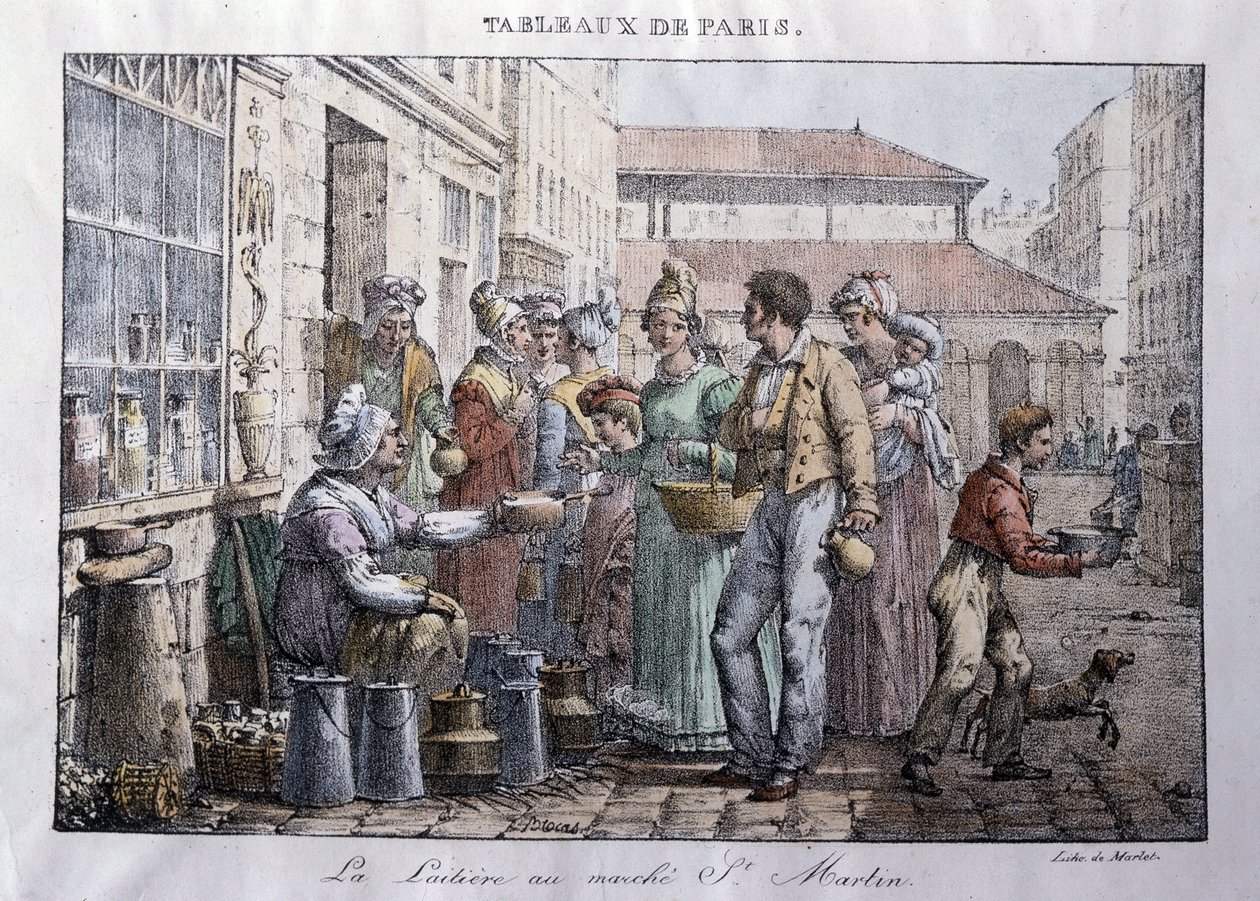 パリの街角の昔のメティエ。La la laitiere du marche Saint Martin (サン・マルタン) - Jean Henry Marlet (1771-1847)によるエングレーヴィング、"Les Tableaux de Paris"(19世紀末、72枚組)の中の一枚。 作： ジャン・アンリ・マーレット