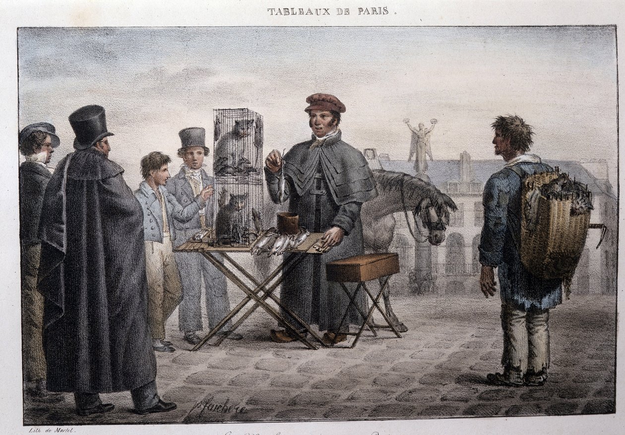 パリのかつてのストリートメティエ：鼠の死の商人（キャメロット）。ジャン・アンリ・マルレ（1771-1847）の版画、「Les Tableaux de Paris」（72枚組）、19世紀後半。 作： ジャン・アンリ・マーレット