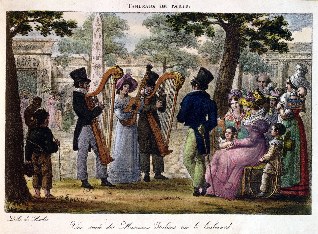 パリの大通りで演奏するイタリアのミュージシャン、1820年頃の「タブロードパリ」 作： ジャン・アンリ・マーレット
