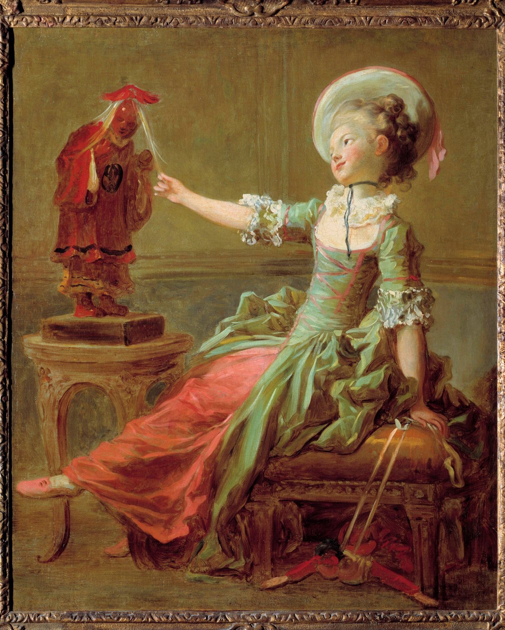 中国の彫像に髪を引っ張られて楽しむ少女。ジャン・オノレ・フラゴナール（1732-1806）の絵画 18世紀 個人蔵 作： ジャン・ホノレ・フラゴナール