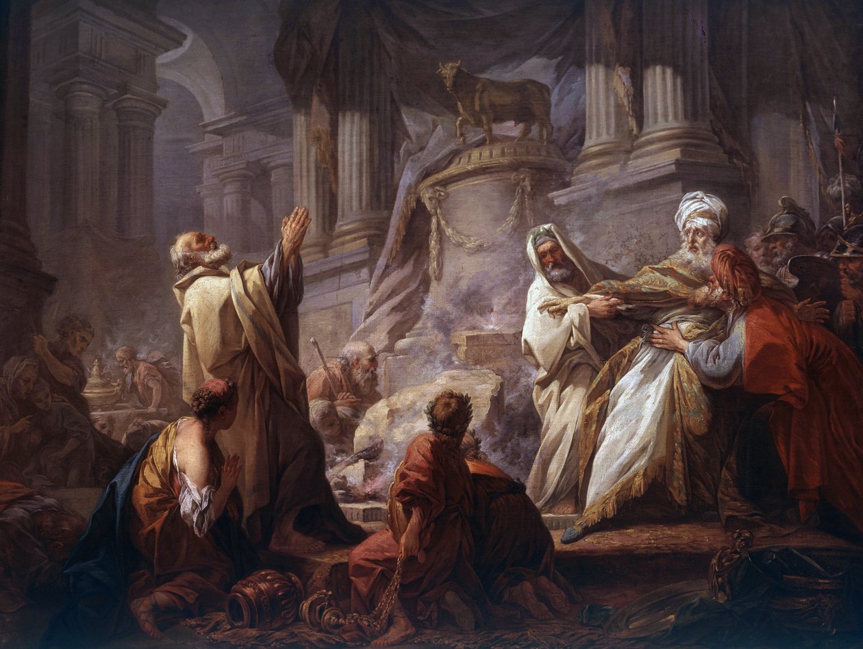 Jeroboam Sacrificing to Idols - "The Sacrifice of Jeroboam to Idols" 金の子牛に生け贄を捧げると逮捕されたイスラエルの初代王Jeroboamの前には、左に預言者が立っており、両手を天に上げてイスラエルの神を呼び起こしている。 作： ジャン・ホノレ・フラゴナール