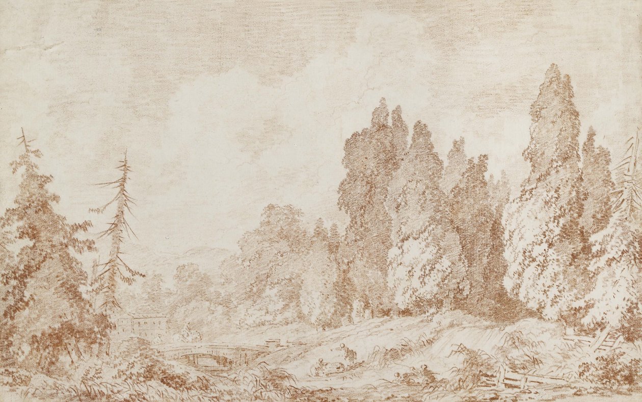 橋のある風景、1760年頃（オフホワイトの紙に赤いチョーク） 作： ジャン・ホノレ・フラゴナール