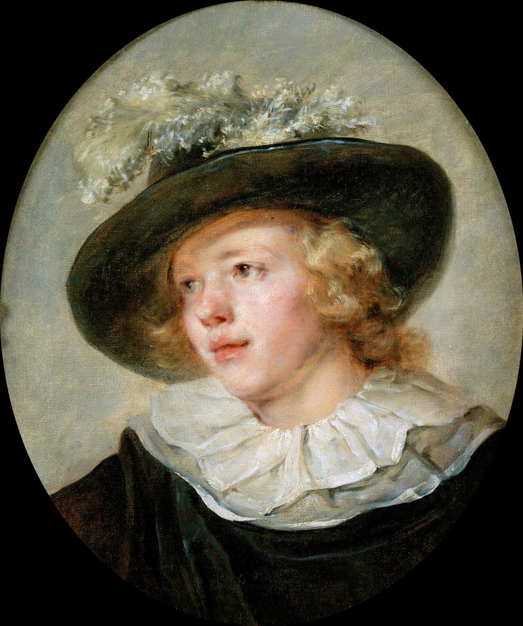 羽のついた帽子をかぶった少年の肖像、c. 1786-88。 作： ジャン・ホノレ・フラゴナール