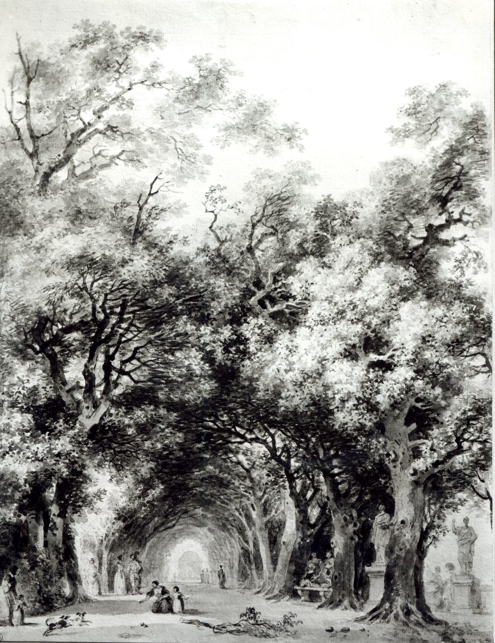 日陰の路地、1773-74年頃（紙にセピア色で洗う） 作： ジャン・ホノレ・フラゴナール