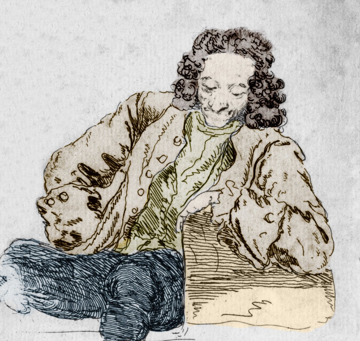 フランソワ・マリー・アルエ（ヴォルテール）（1694-1778）の肖像 フーバー作「ヴォルテールのさまざまな人相」に基づくディテール。 作： ジャン・フーバー