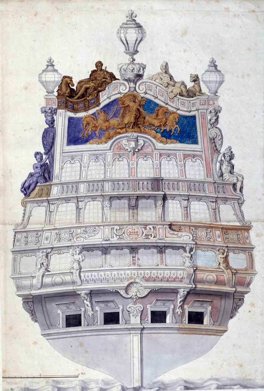ル・ソレイユ・ロワイヤル号の船尾の装飾」 ジャン・Ⅰ・ベラン（1640-1711）の水彩画 日0.6x0.4 m パリ、ルーヴル美術館 作： ジャン・ベラン