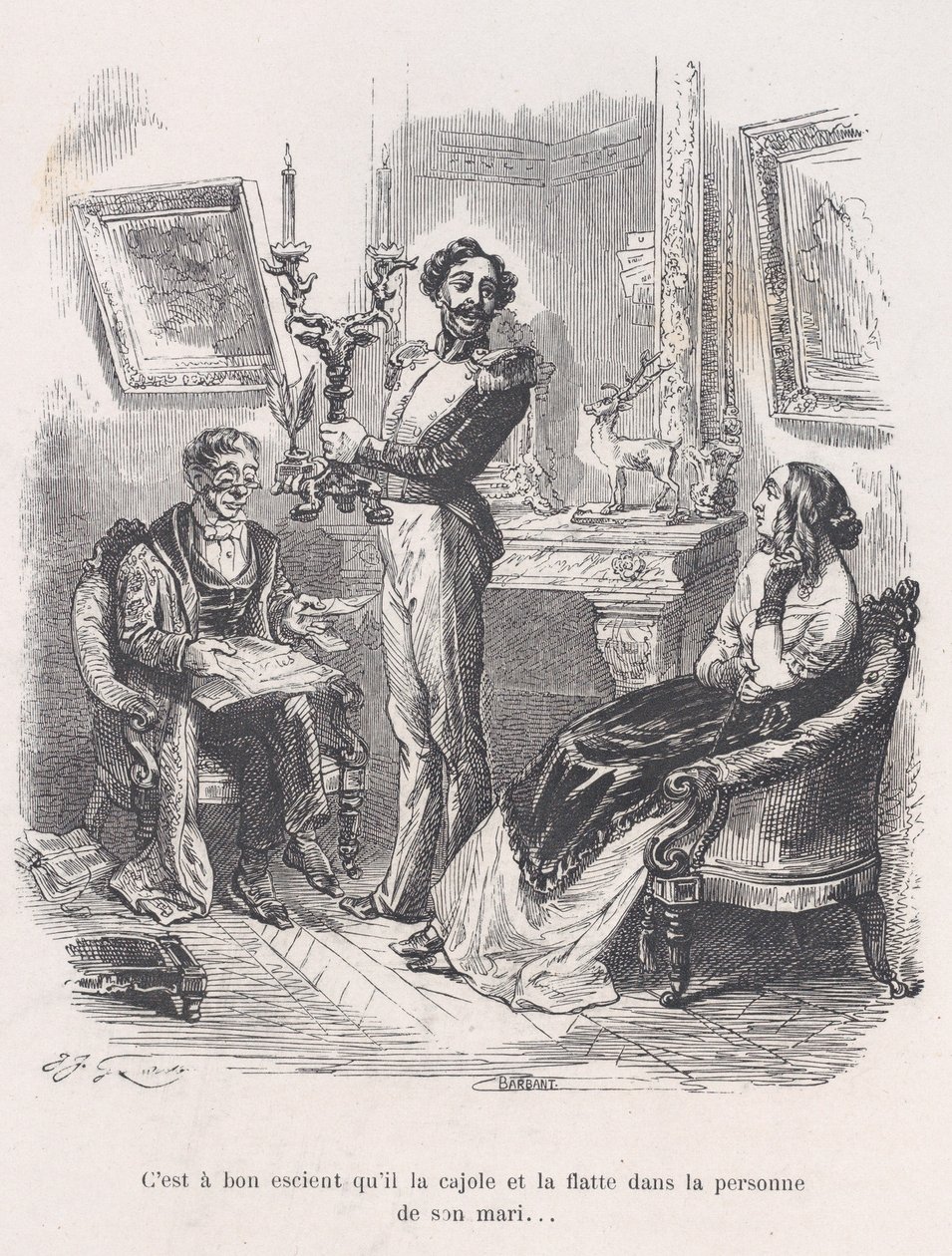 夫の前で彼女をなだめたり、おだてたりするのは良いことだ。"Little Miseri...", 1843年より。 作： ジャン・イグナス・イシドール・ジェラール