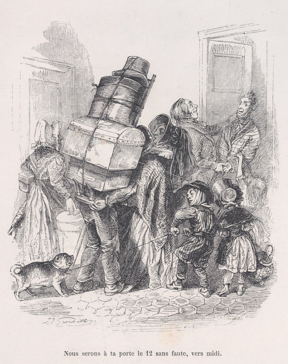 正午には必ずあなたの家のドアに行きます。『Little Miseries of Human Life』（1843年）より。 作： ジャン・イグナス・イシドール・ジェラール
