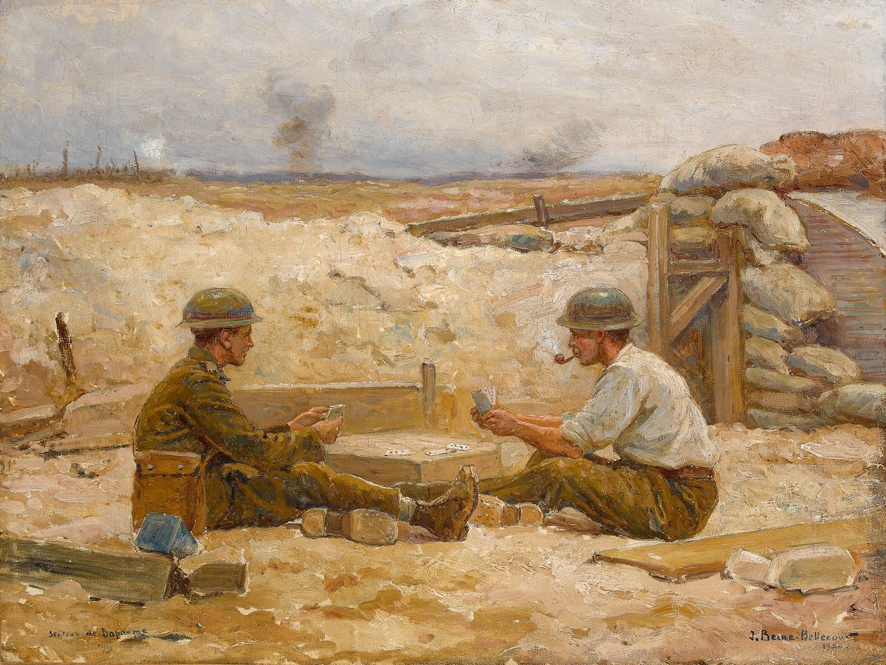 1918年から20年にかけて、2人のイギリス人将校がダグアウトの外でトランプをしていました。 作： ジャンジャックベルヌベルクール