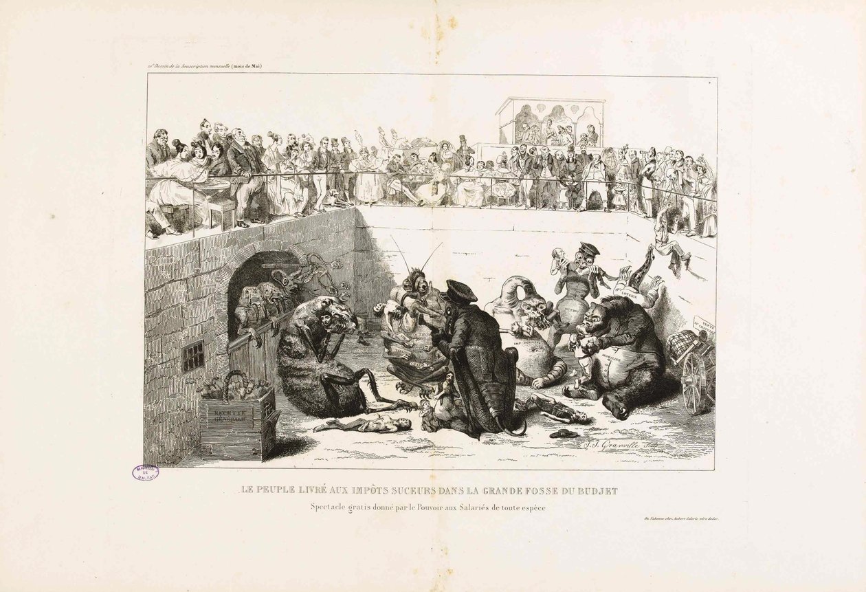 ヴァンパイア税に届けられた人々。 ラ・カリカチュア、1833年より。 作： ジャン＝ジャック・グランヴィル
