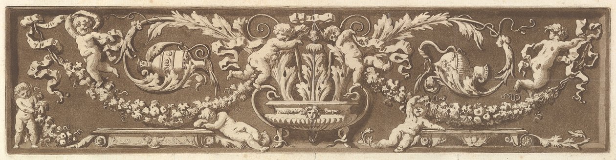 プッティ、アカンサスの葉、果実の花輪をあしらった装飾的なフリーズ、『Recueil de Diff...』、1784 年。 作： ジャン・ジャック・ラグレニー