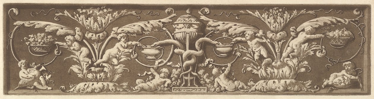 プッティと絡み合う蛇が描かれた装飾的なフリーズ、1784年の「さまざまなコンポジット・コレクション」より。 作： ジャン・ジャック・ラグレニー