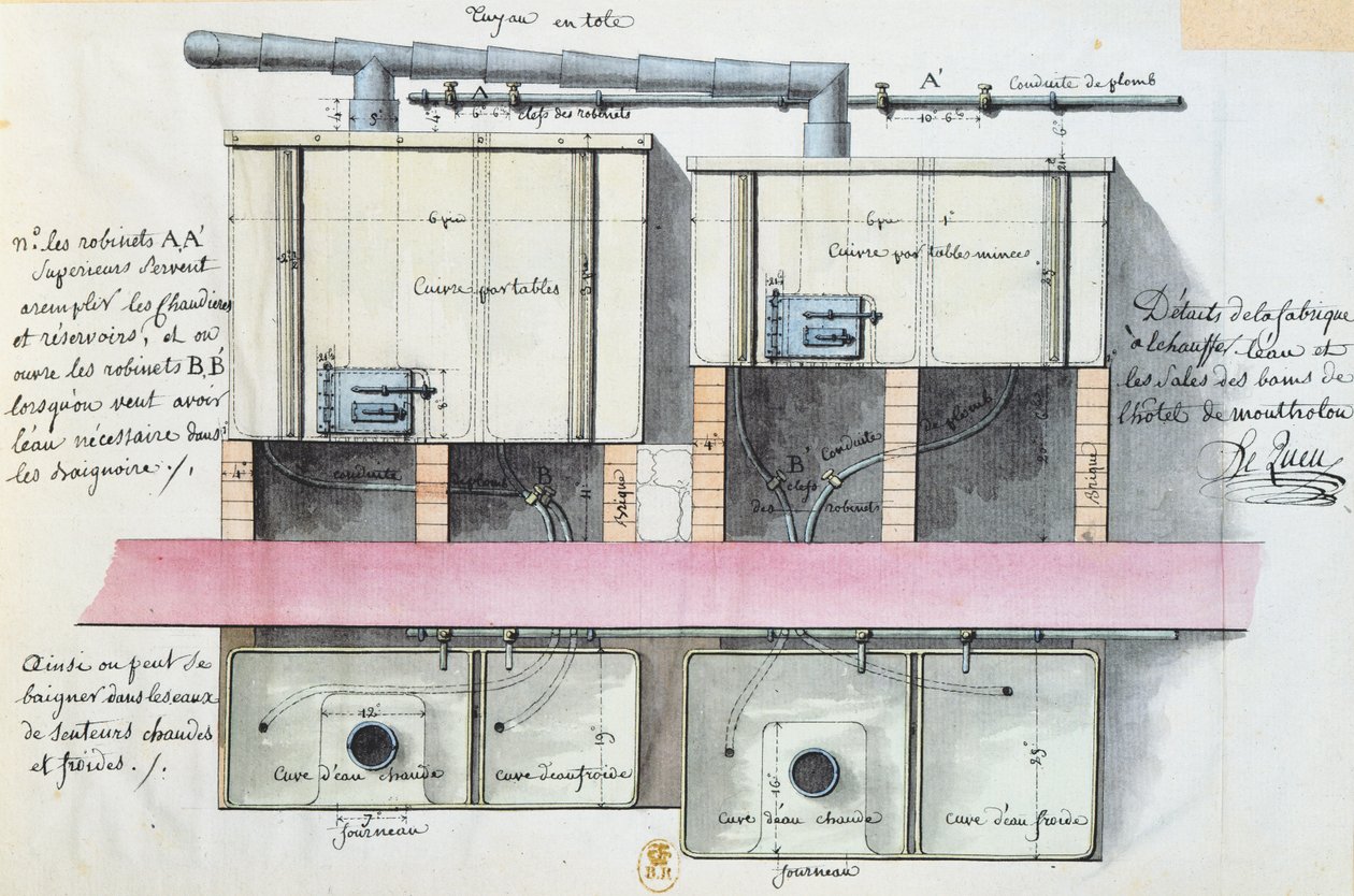 パリのホテルドゥモントロンでの給湯システムの設計、1787年頃（紙にwc） 作： ジャン・ジャック・レキュー