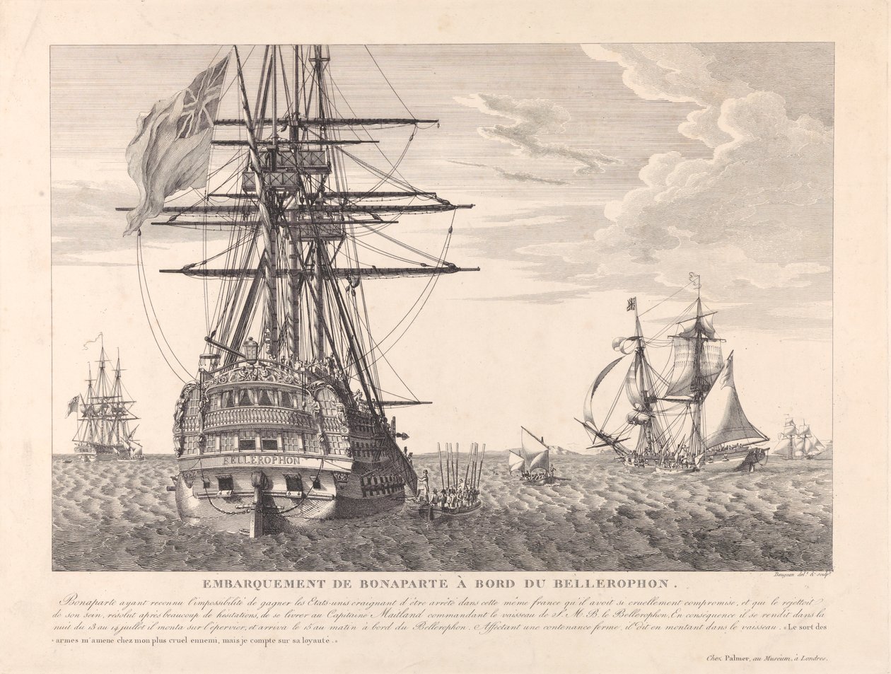 1815年7月15日、フレデリック・ルイス・メイトランド大尉に降伏するナポレオン（1815年頃）（エッチング 作： ジャン・ジェローム・ボージャン