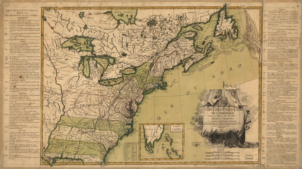 1783 年の平和条約後のアメリカ合衆国の地図。 作： ジャン・ラトレ