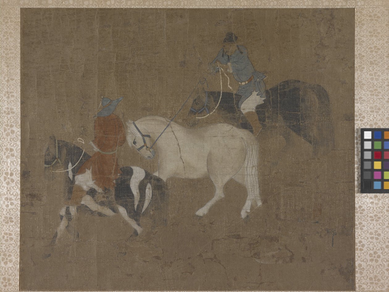 Cavaleiros conduzindo um cavalo branco (cores em seda) 作： ジャン・レオン・ジェローム