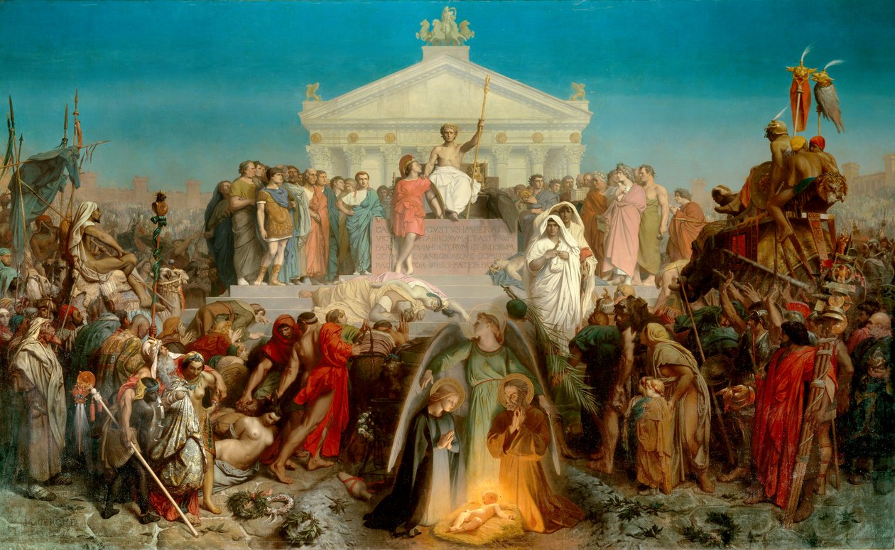 Geburt unseres Herrn Jesus Christus. Triumph des Augustus. Illustration aus dem Werk „Histoire universelle 9eme epoque“ von Jacques Benigne Bossuet. Gemälde von Jean Leon Gerome von Jean Leon Gerome