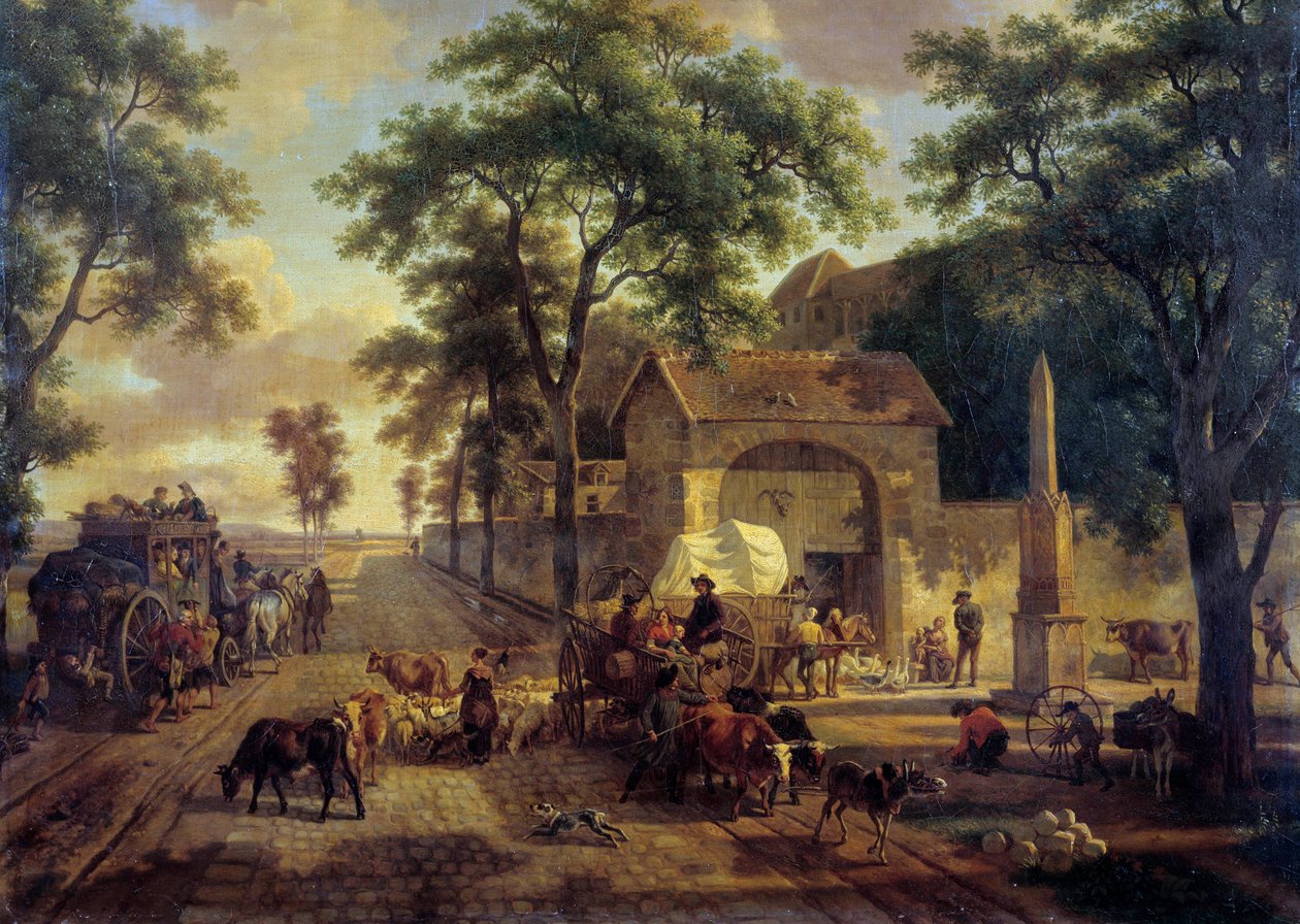 農民の荷車、牛や羊飼いのいる風景道路。ジャン・ルイ・ドゥマルヌ（1744-1829）19世紀の作品。薄い。0.5x0.61m 作： ジーンルイスデマルヌ
