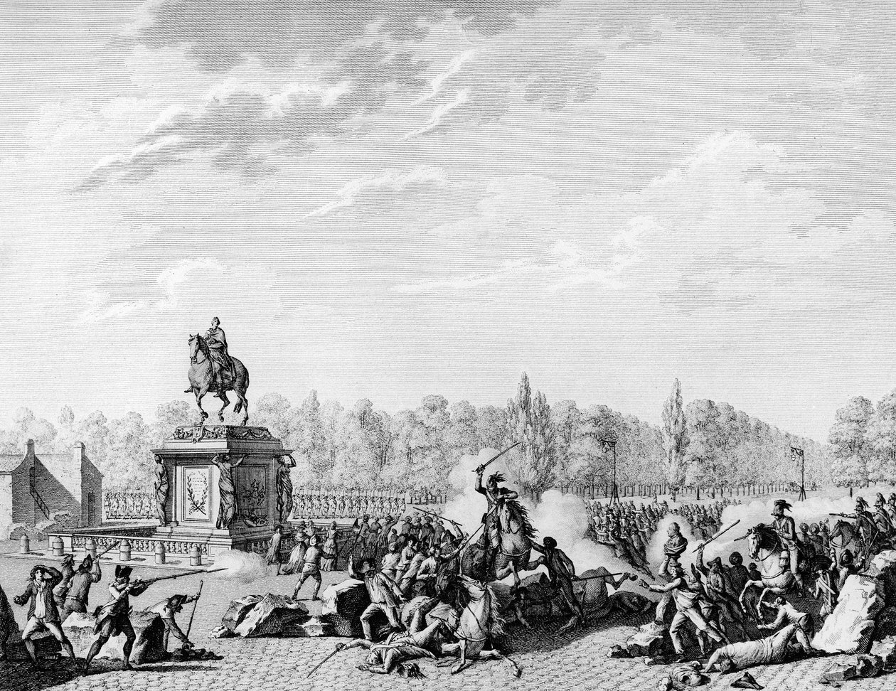 フランス革命。1789年7月12日、ルイ15世広場、ジャック・ネッカー（1732-1804）とオルレアン公の胸像を乗せた行列に、ランベスク公シャルル・ユージン・ド・ロレーヌ（1754-1825）のドラゴンを乗せている。プライヤーの後にベルソーが彫ったもの。パリ 作： Jean Louis II（後）Prieur