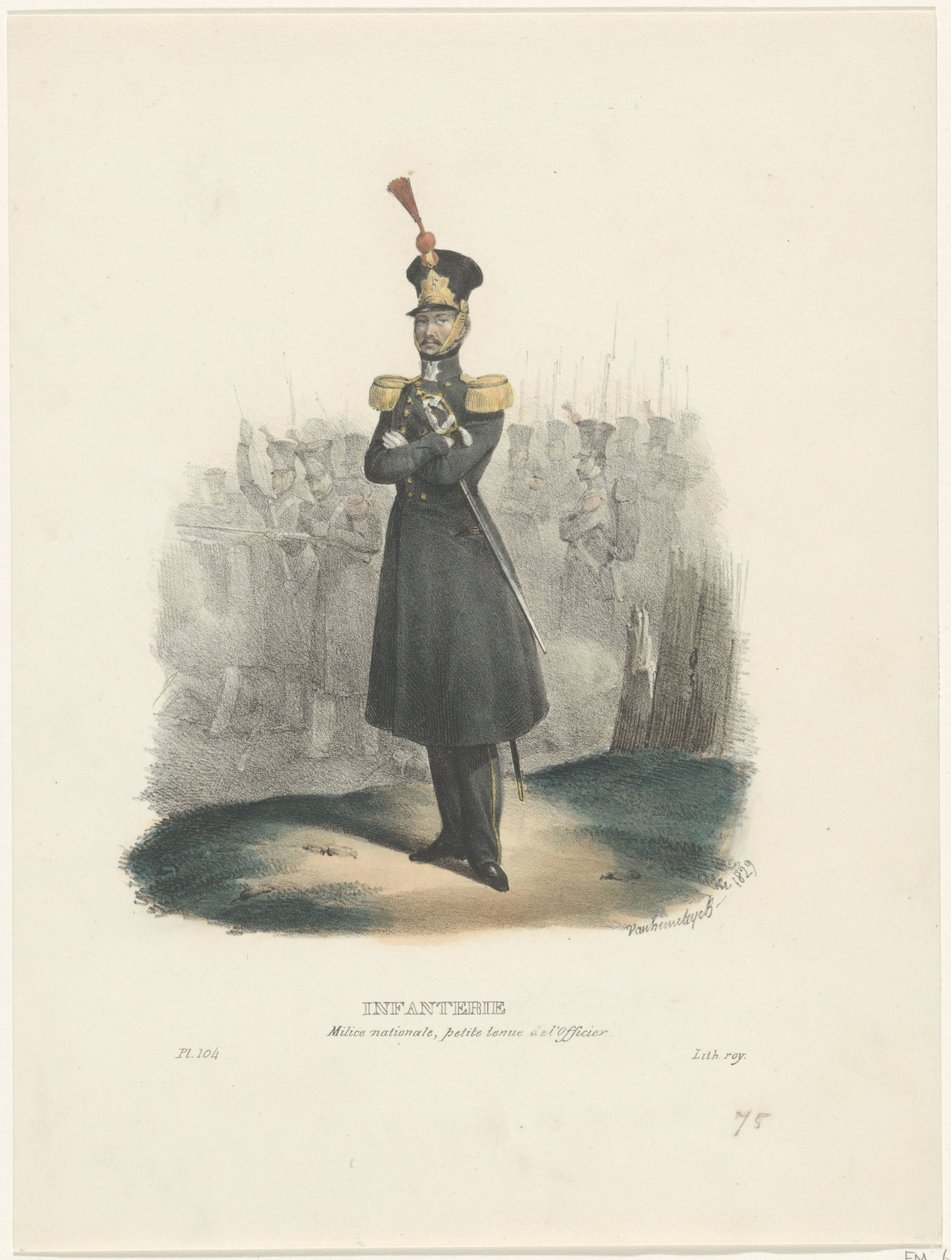 国民民兵の将校、1829年 歩兵/国民民兵、将校の脱衣（オブジェクトのタイトル） ベルギーの衣装：古代と現代、軍事、市民、宗教、1830年（シリーズタイトル） 作： ジャン・ルイ・ヴァン・ヘメリック