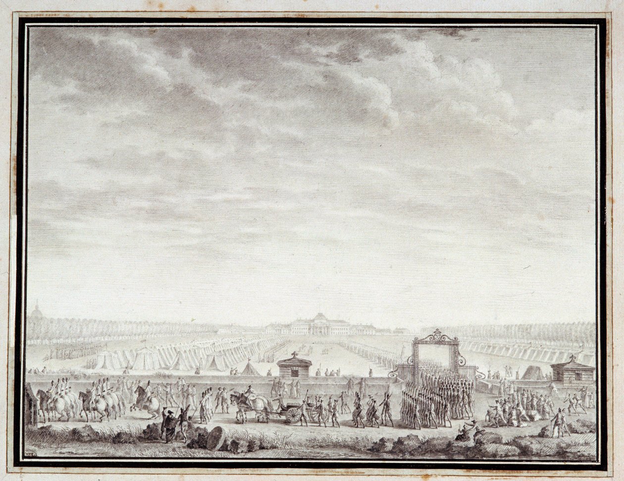フランス革命Jean-Louis Prieur (1759-1795)による18世紀の水墨画「Les troupes du Champ-de-Mars departing for Place Louis XV: 12 juillet 1789」。寸法0.17x0.23 m パリ、カルナヴァレ美術館 作： ジャン・ルイ・ザ・ヤング・プリウール