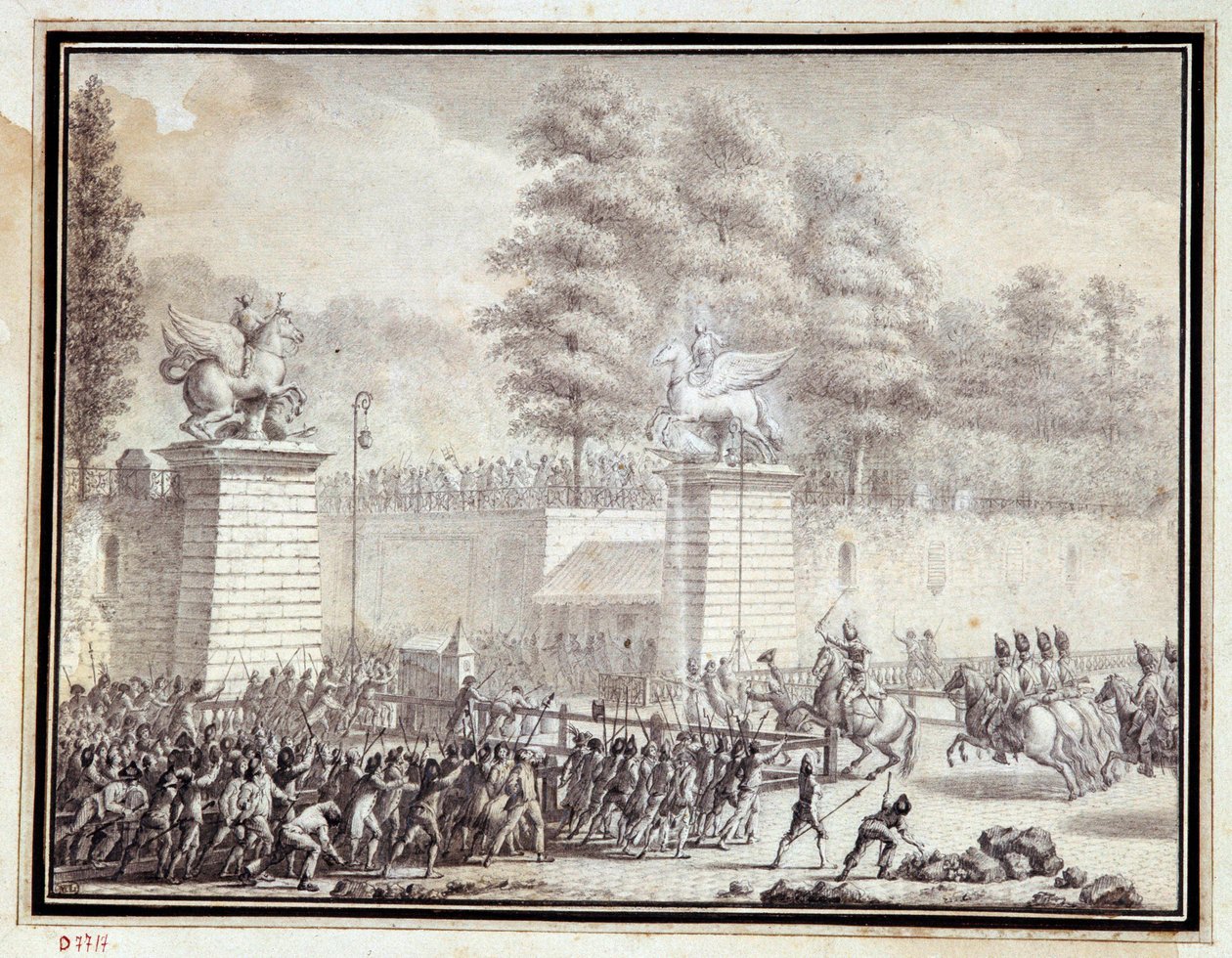 フランス革命"Monsieur de Lambesc entering the Tuileries with a detachment from the Royal German Regiment on 12 July 1789" Drawing in ink and wash by Jean-Louis Prieur (1759-1795) 作： ジャン・ルイ・ザ・ヤング・プリウール