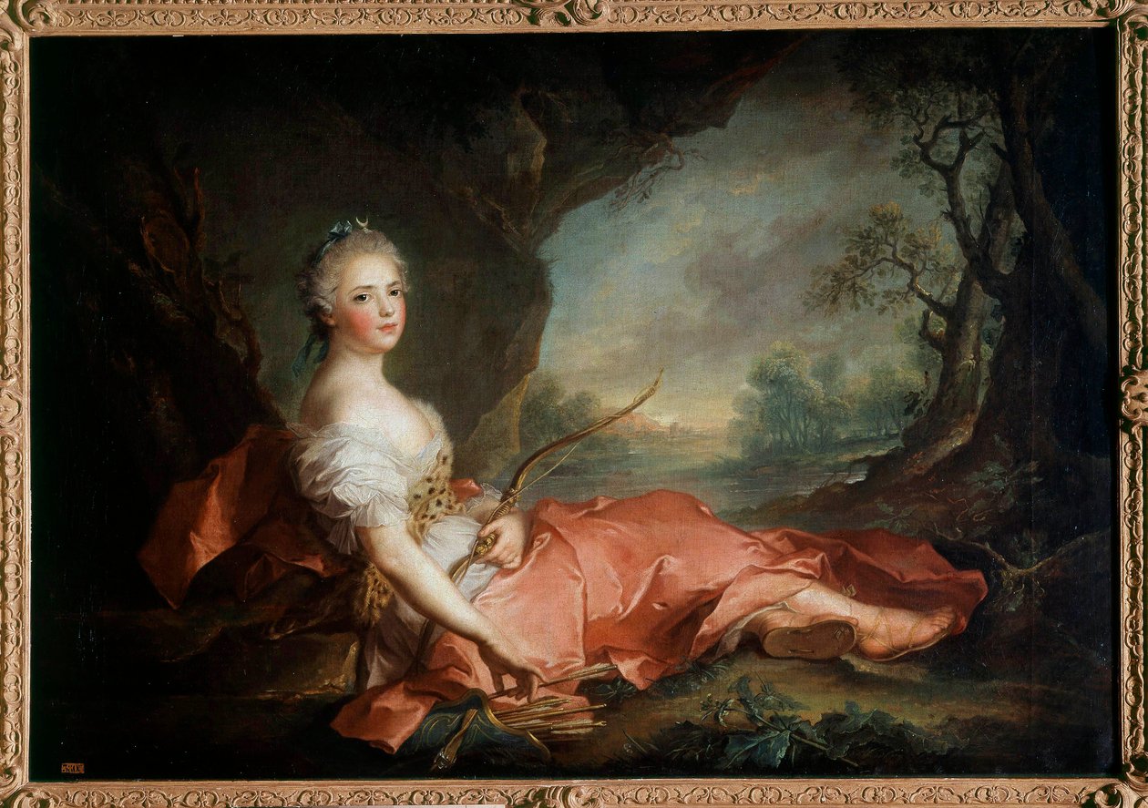 ルイ15世の娘、ダイアン姿のフランスのアデライド夫人（1732～1799年）の肖像 ジャン・マルク（Jean-Marc）・ナティエ（1685～1766年）の絵画 18世紀 日 1,04x1,41 m 作： ジャン・マルク・ナティエ