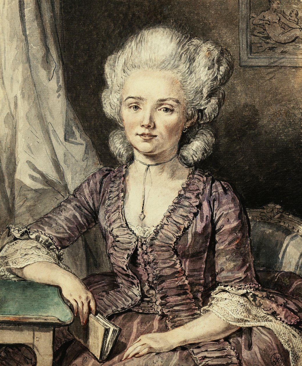 本と一緒にテーブルに座った若い女性、1785 作： ジャン＝ミッシェル・ザ・ヤング・モロー