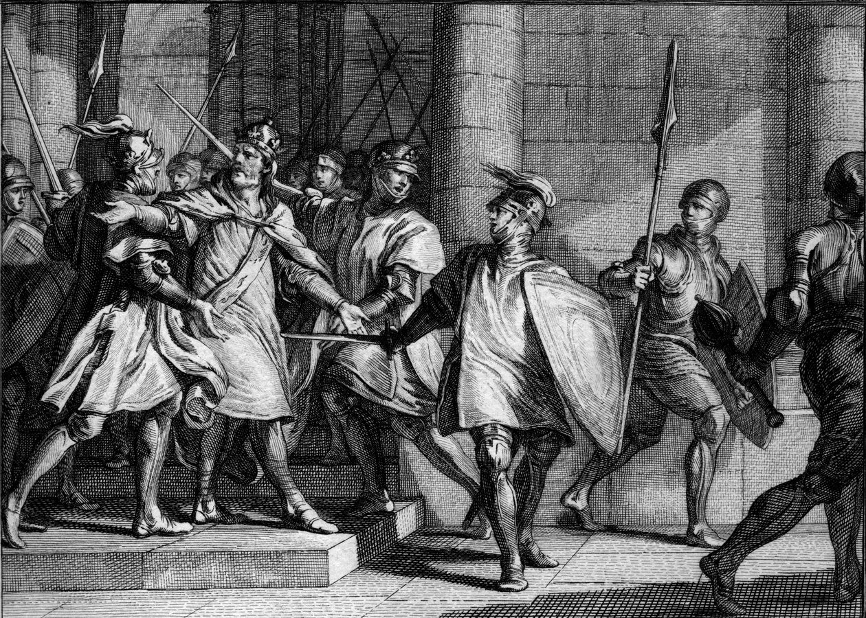 Verhaftung von Ludwig I. dem Frommen oder dem Milde (778-840), 830: seine drei Söhne (Lothar, Pippin und Ludwig) revoltierten gegen seine Entscheidung, seinen jüngsten Sohn, den zukünftigen Karl den Kahlen, in seine Nachfolge aufzunehmen. Gravur von Jean M von Jean Michel the Younger Moreau